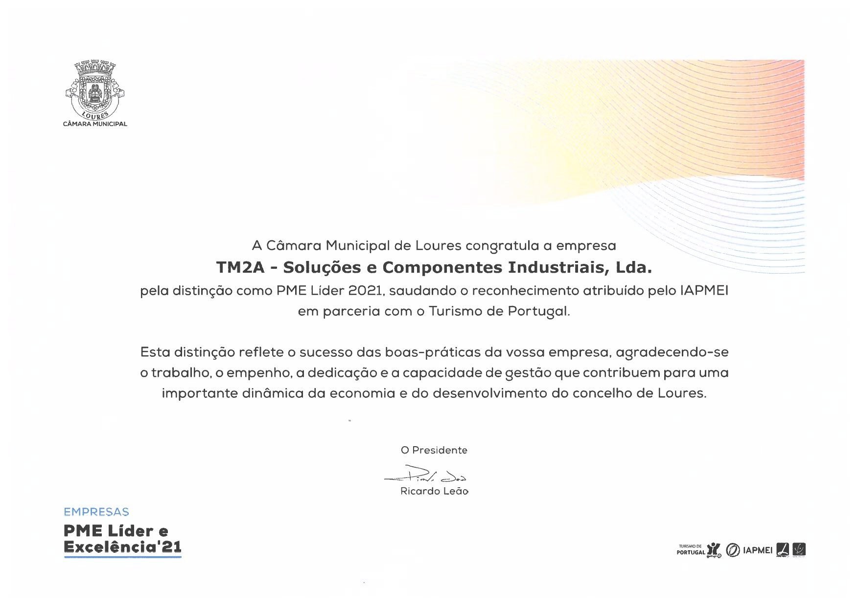 Diploma Estatuto PME Líder 2021 da Câmara Municipal de Loures